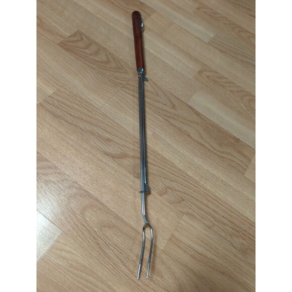 Androck Grilling Fork Chrome Plate Wood Carved Telescoping Handle Vintage - Picture 2 of 11